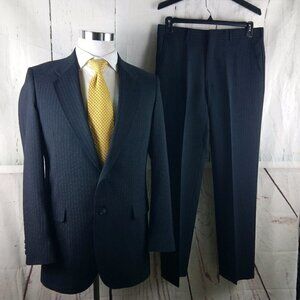Edgeworth 40R Wool Blend 2 Button Deep Blue 2pc Striped Suit 34x31 Flat …